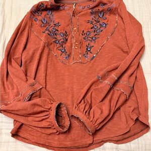 Free People Embroidered Rust Women's Top